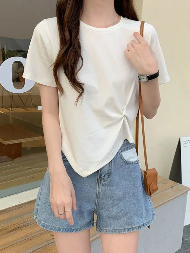 Y2K Irregular Slim O Neck Tee Women Summer Skinny Solid
