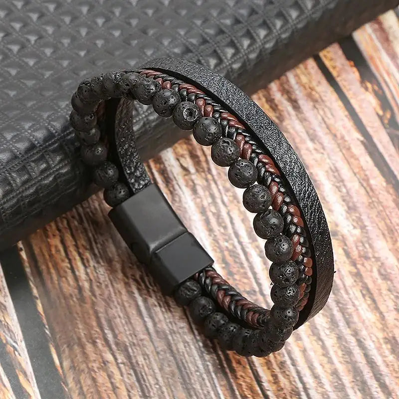Men's Leather Bracelet with Stainless Steel Tree of Life Charm - Stylish Multi-Layer Fashion Accessory