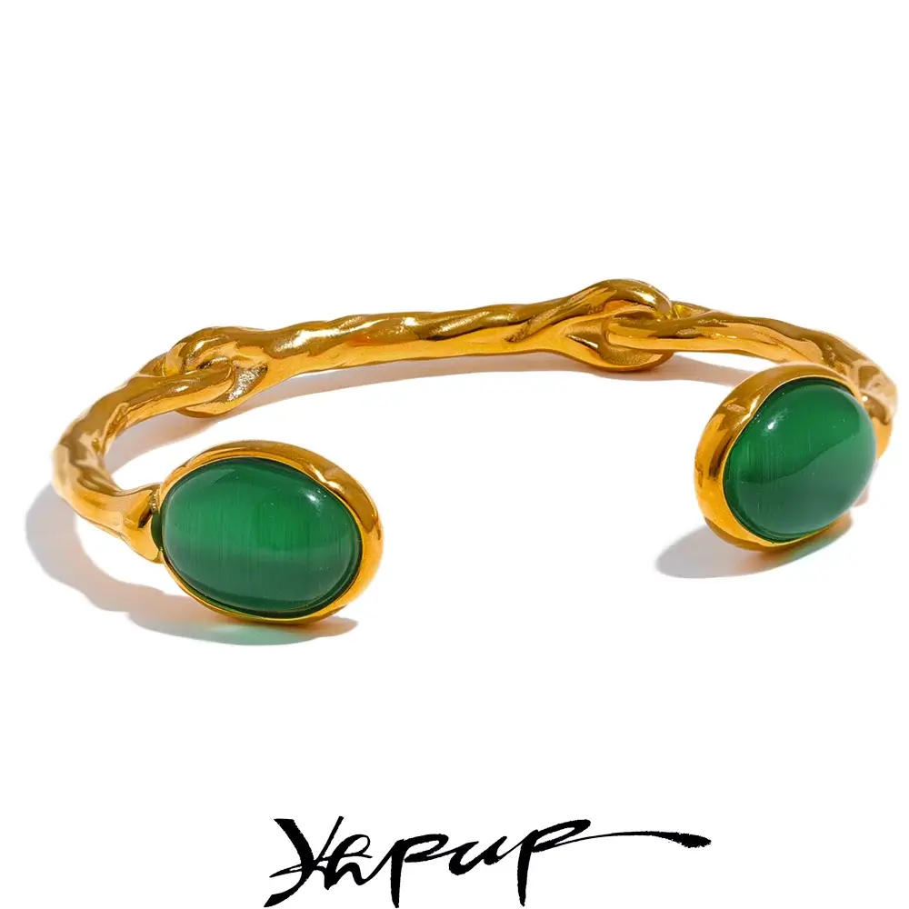 Yhpup Green Natural Stone Gold Cuff Bracelet Bangle