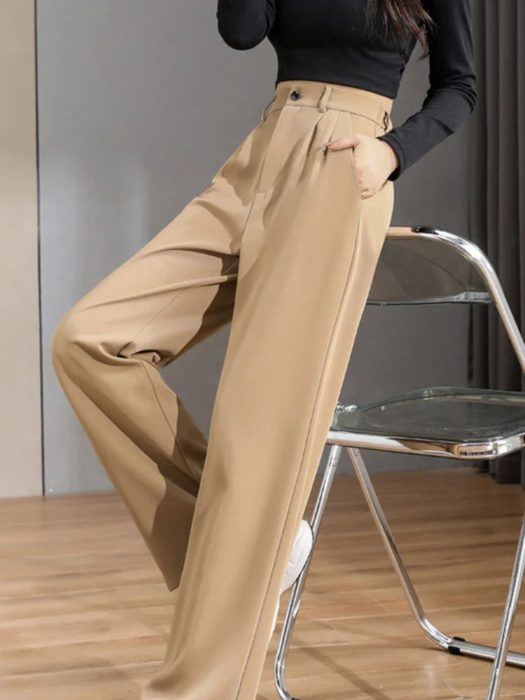 Women Chic Korean Office Wide Leg Vintage Straight Trousers