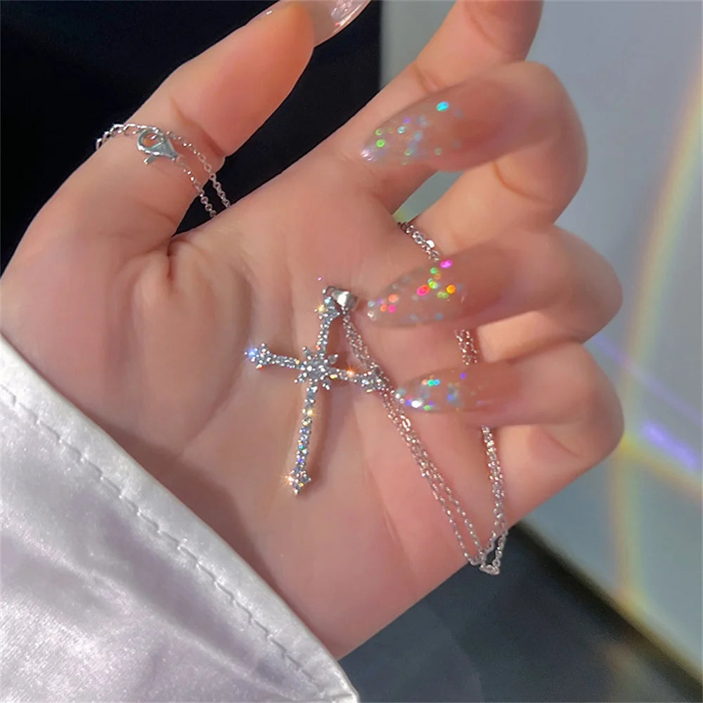 Elegant Crystal Cross Pendant Necklace Silver Star Jewelry for Women NJ-1034