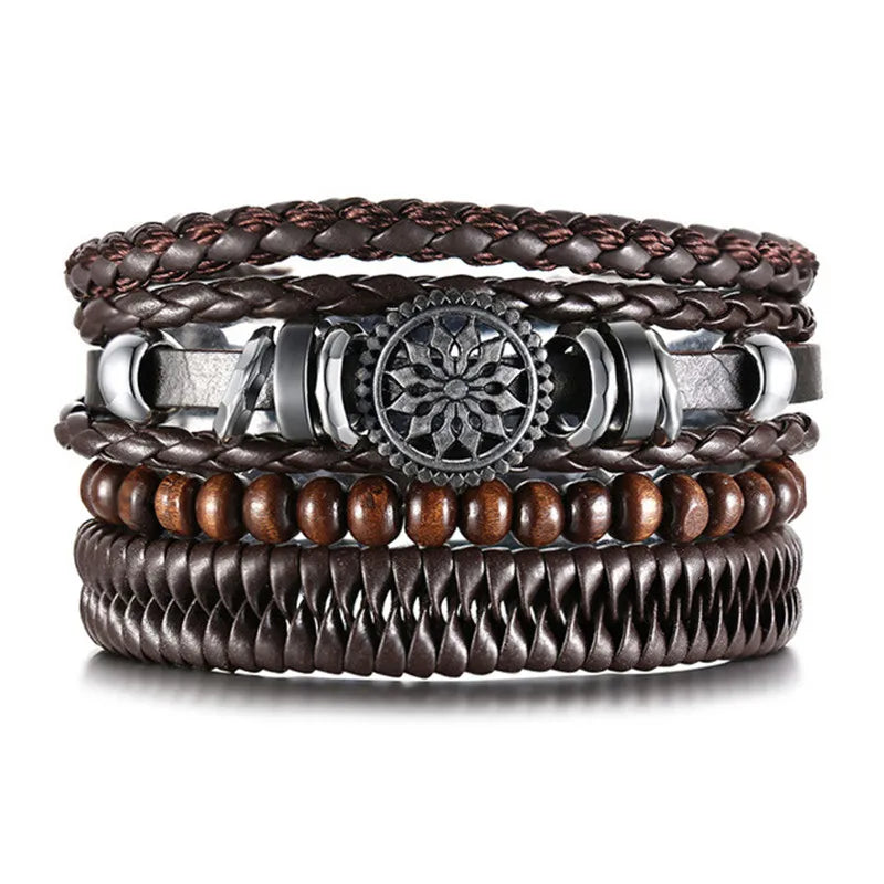ZORCVENS Men's Handmade Braided Leather Bracelet Set - Vintage Black Punk Fashion Gift