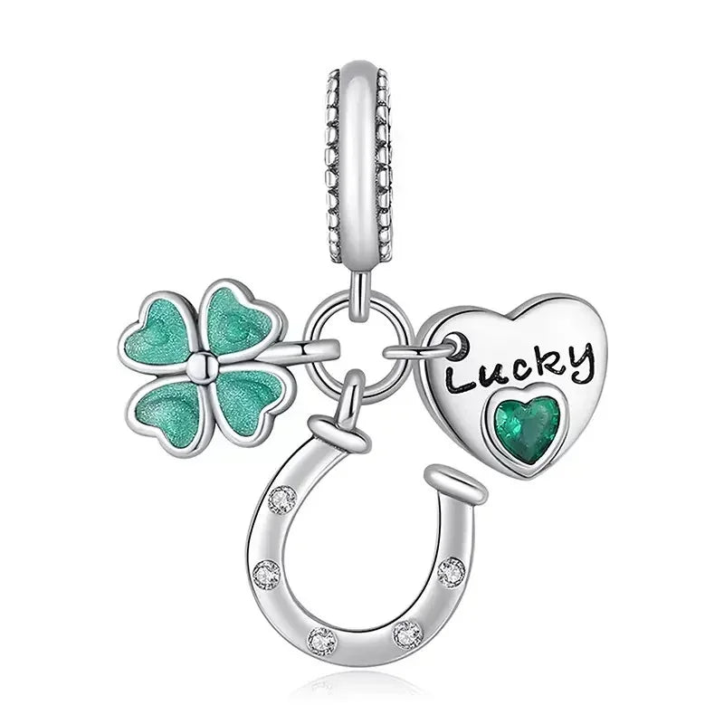 Lucky Four Leaf Clover Dangle Charm Sterling Silver Family Tree Flower Bead Pendant for Bracelets and Necklaces