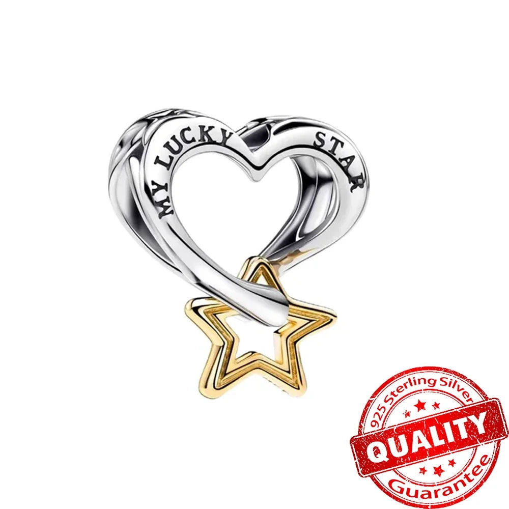 925 Sterling Silver Golden Heart Star Beads Charms for DIY Bracelet and Necklace Gift for Women Mother and Sister