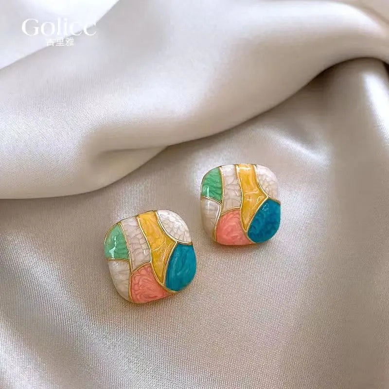 Pink Blue Grid Enamel Square Stud Earrings for Women Colorful Geometric Bohemian Fashion Jewelry