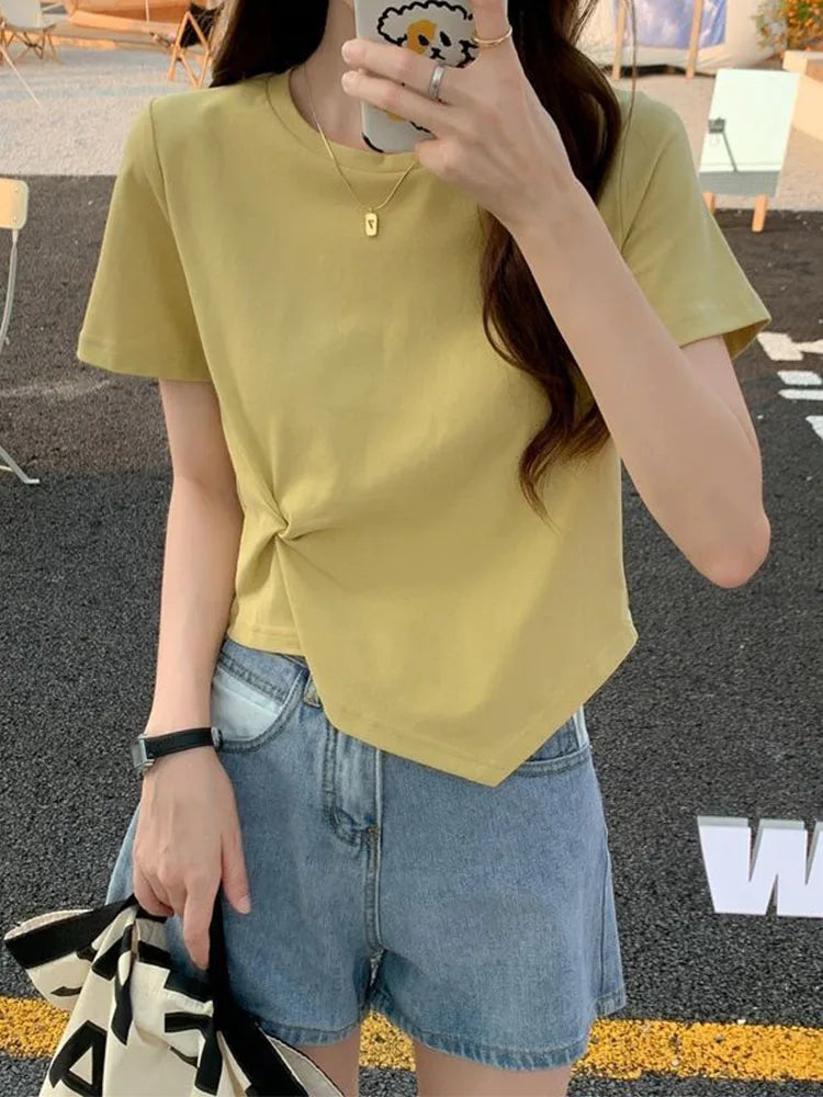 Y2K Irregular Slim O Neck Tee Women Summer Skinny Solid