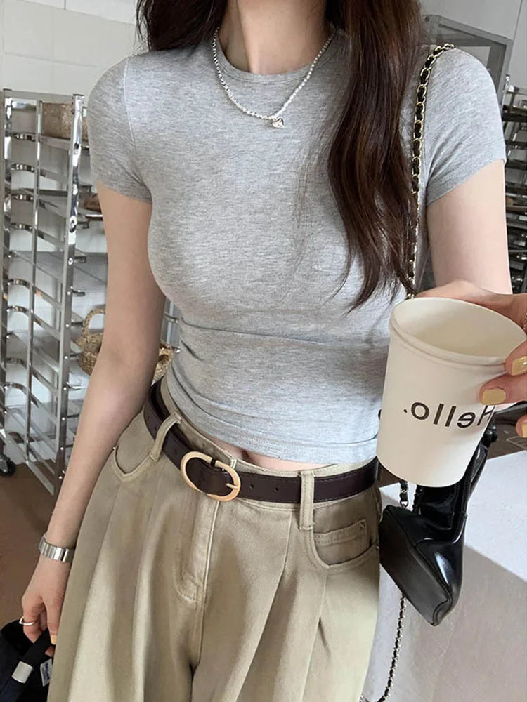 Basic Solid Crop Top Women Crewneck Short Sleeve Streetwear Tee
