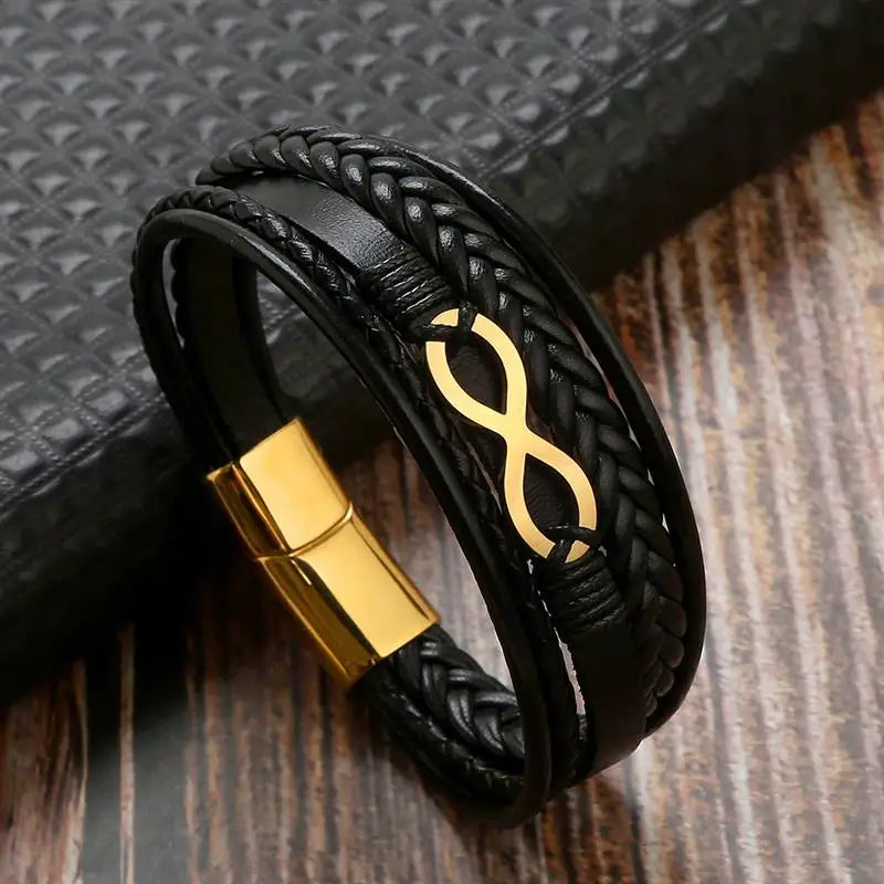Men's Leather Bracelet with Stainless Steel Tree of Life Charm - Stylish Multi-Layer Fashion Accessory