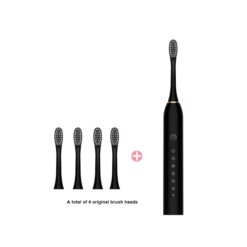 Electric Ultrasonic Toothbrush Six Speed Mode USB Charging Set Black 4 head