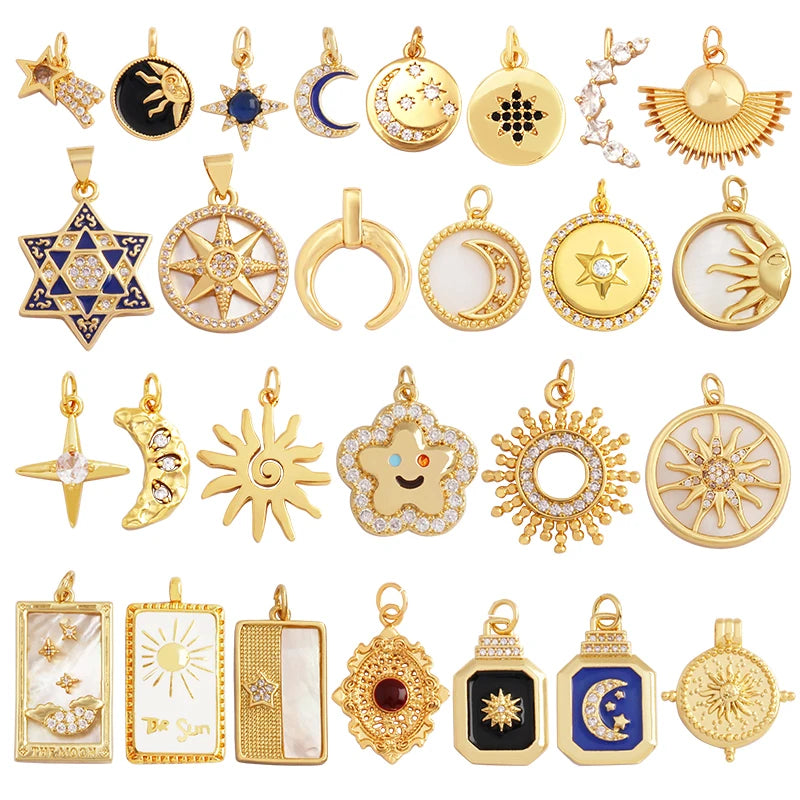 Gold-Plated Celestial Moon Star Charm Pendant with Cubic Zirconia for Jewelry Making
