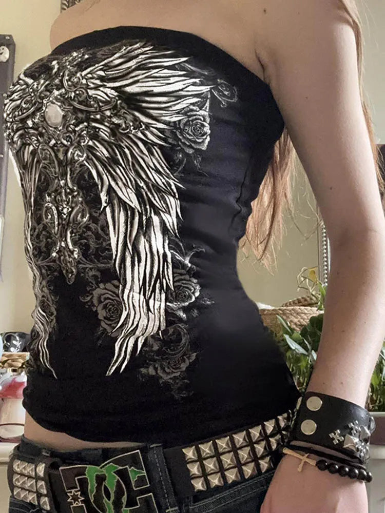 Gothic Print Black Strapless Cropped Tube Top Women