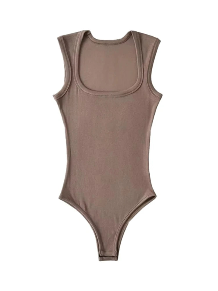 Ladies Slim Square Collar Retro Bodysuit Jumpsuit Backless