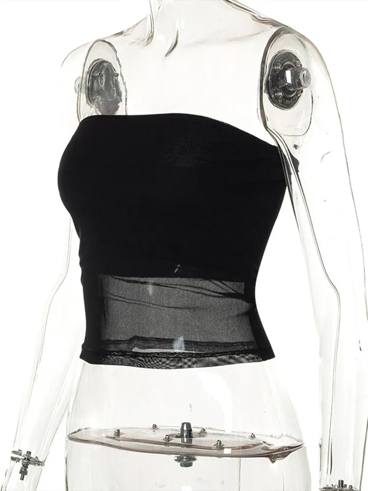 Mesh Corset Crop Top Women Patchwork Sleeveless Cami
