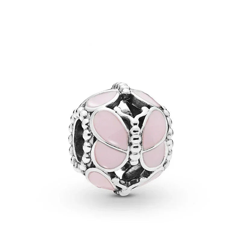 925 Sterling Silver Pink Flower Balloon Coffee Cup Charm Beads for DIY Bracelets Perfect Gift for Women AMC0050