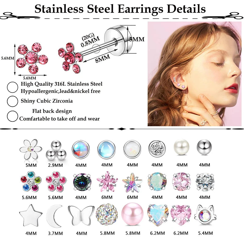 2PCS Set Stainless Steel Heart Moon Stud Earrings for Women Trendy Ear Tragus Cartilage Body Piercing