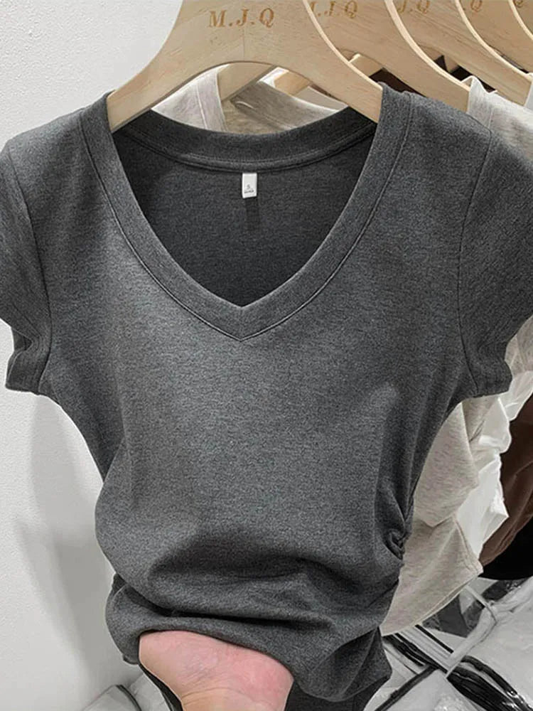 Dozw Women V Neck Elastic Korean Short Sleeve Summer Top