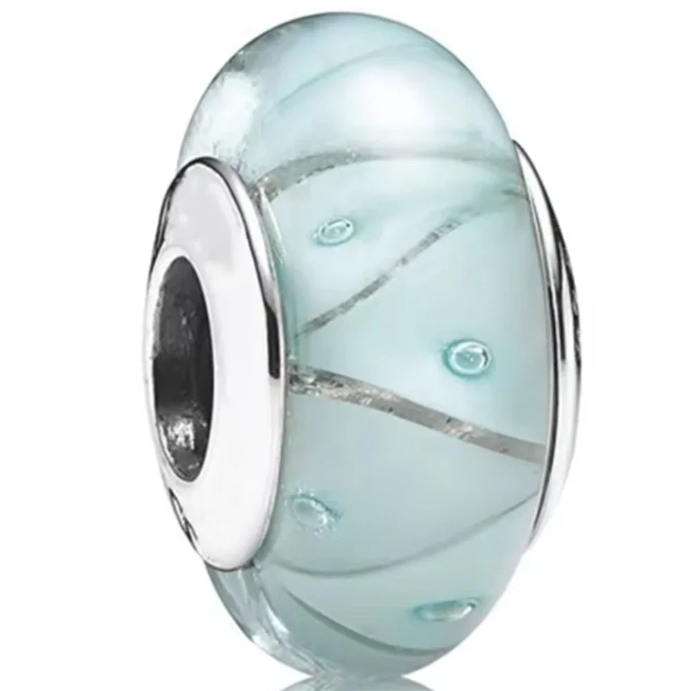 925 Sterling Silver Cosmic Rainbow Murano Glass Beads with Flower and Leaf Charms for DIY Women Jewelry