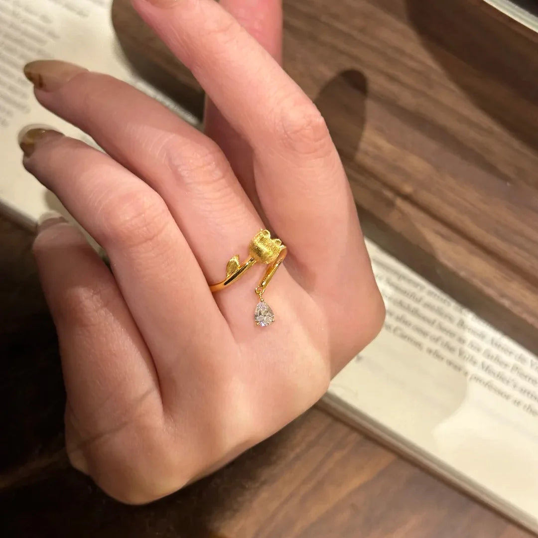 Exquisite Lily of the Valley Gold Adjustable Ring with Zircon Inlay for Women
