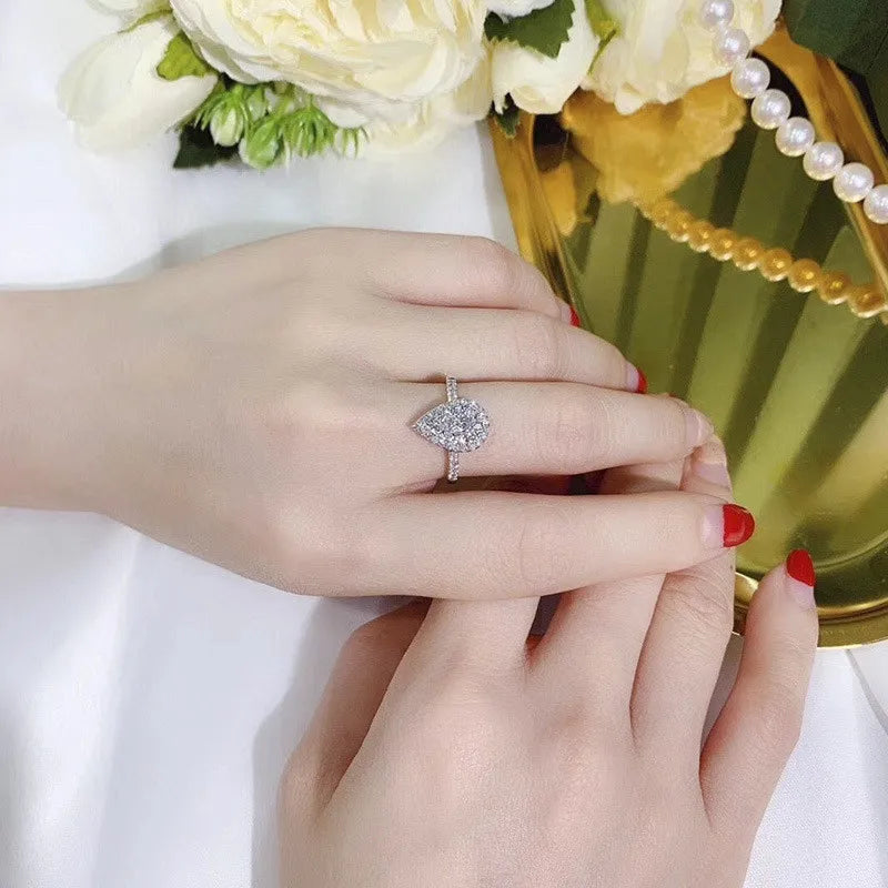 925 Sterling Silver Water Drop Shaped Ring for Women with Brilliant CZ for Wedding Engagement and Party