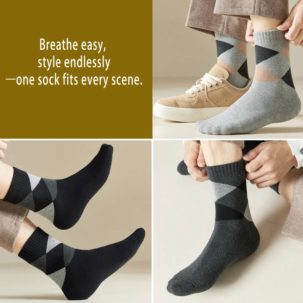 Mens Retro Argyle Cotton Fleece Lined Mid Calf Socks