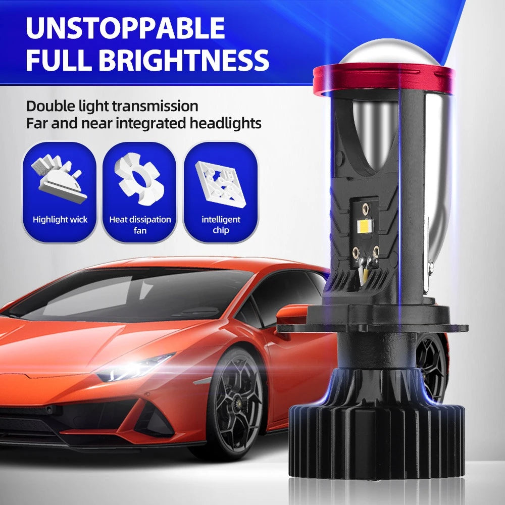 High-Performance H4 LED Projector Lens Headlight Bulb Kit 6000K for Motorcycles and Cars