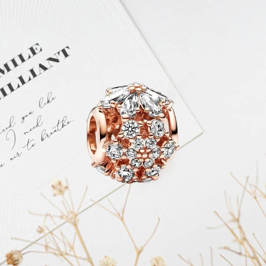 Sparkling Rose Gold Family Tree & Flower Charm Bead for European Silver Bracelet