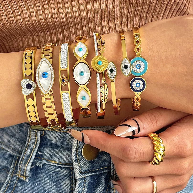 Flashbuy Boho Evil Eye Stainless Steel Bangles for Women with Enamel Rhinestones Gold Plated Waterproof Fashion Jewelry Gift
