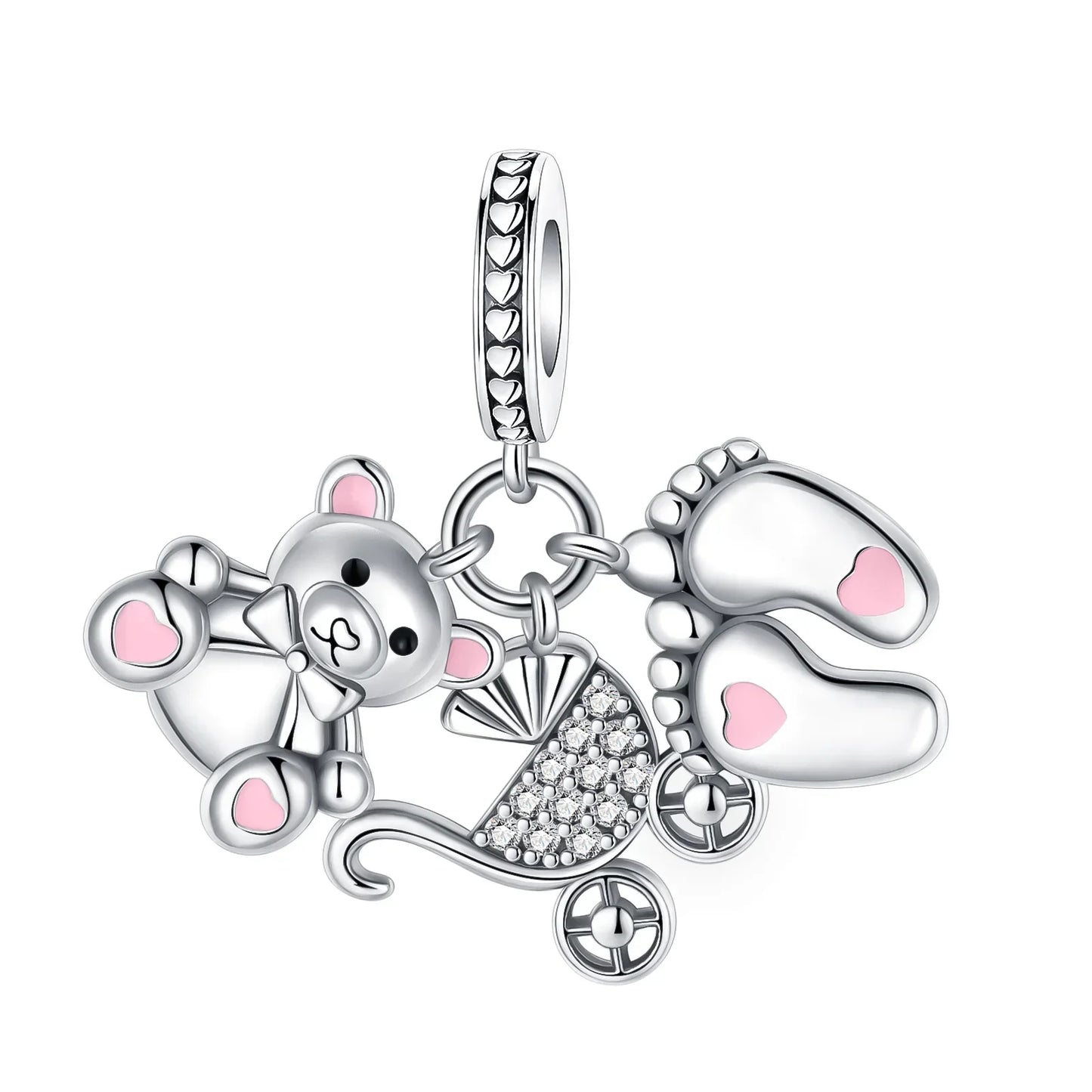 Sterling Silver Pink Blossom Dangle Charm with Butterfly Heart Flower Rose and Bird Bead for DIY Necklace and Bracelet Jewelry