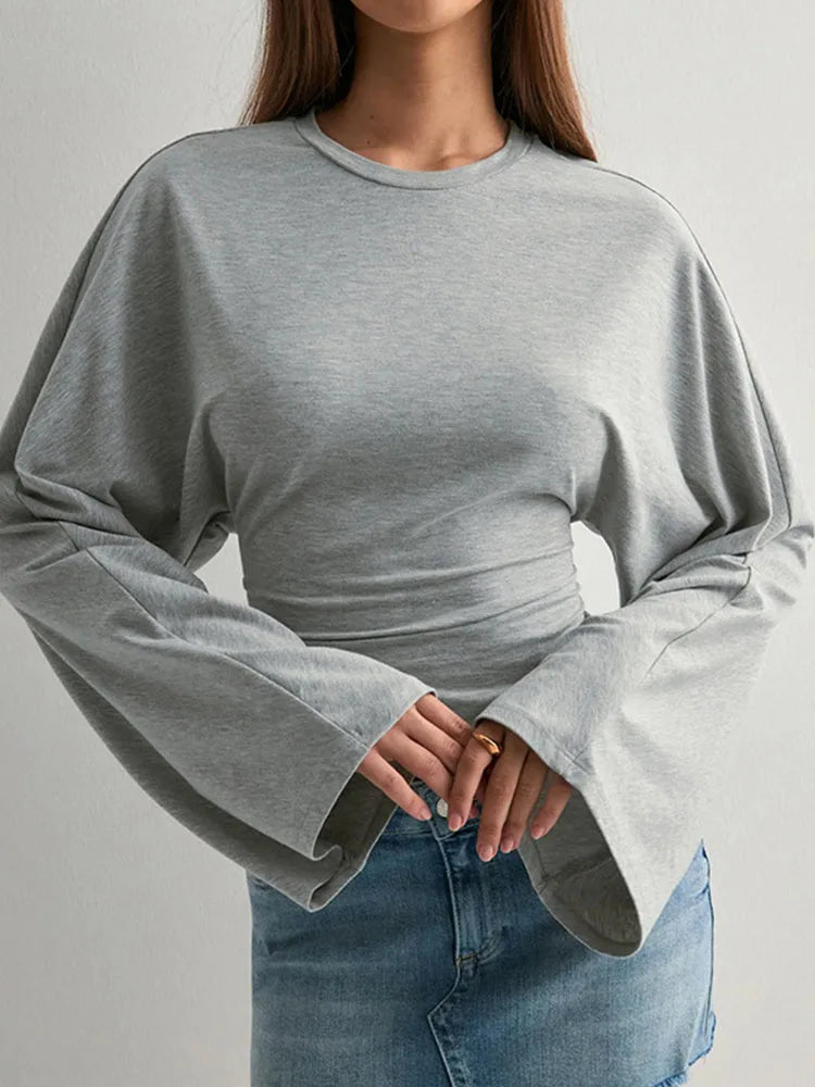 Womens O Neck Long Sleeve Skinny T Shirt Monochrome Crop Top