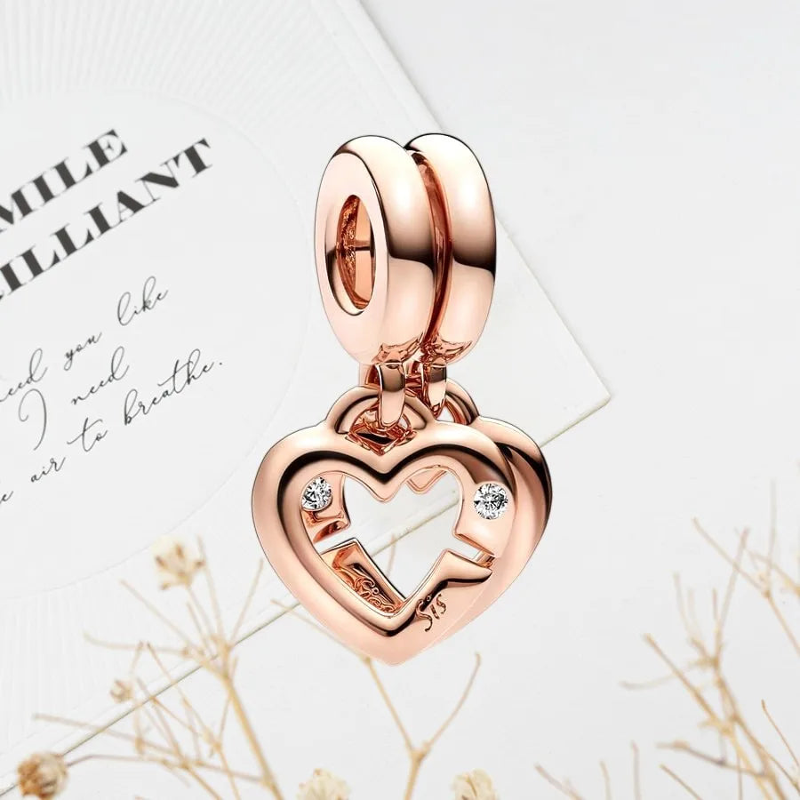 Sparkling Rose Gold Family Tree & Flower Charm Bead for European Silver Bracelet