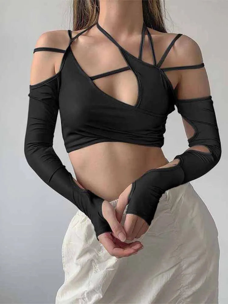 Punk Halter Crop Top Patchwork Gothic Egirl Style For Women