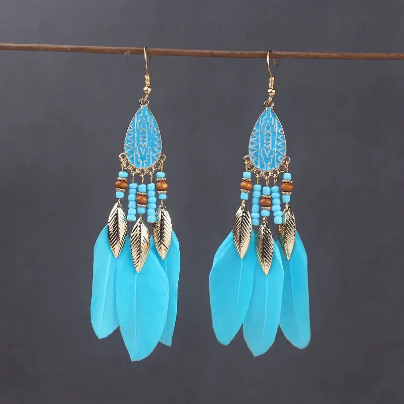 Bohemian Long Feather Drop Earrings with Tassel Beads and Enamel Flowers for Women