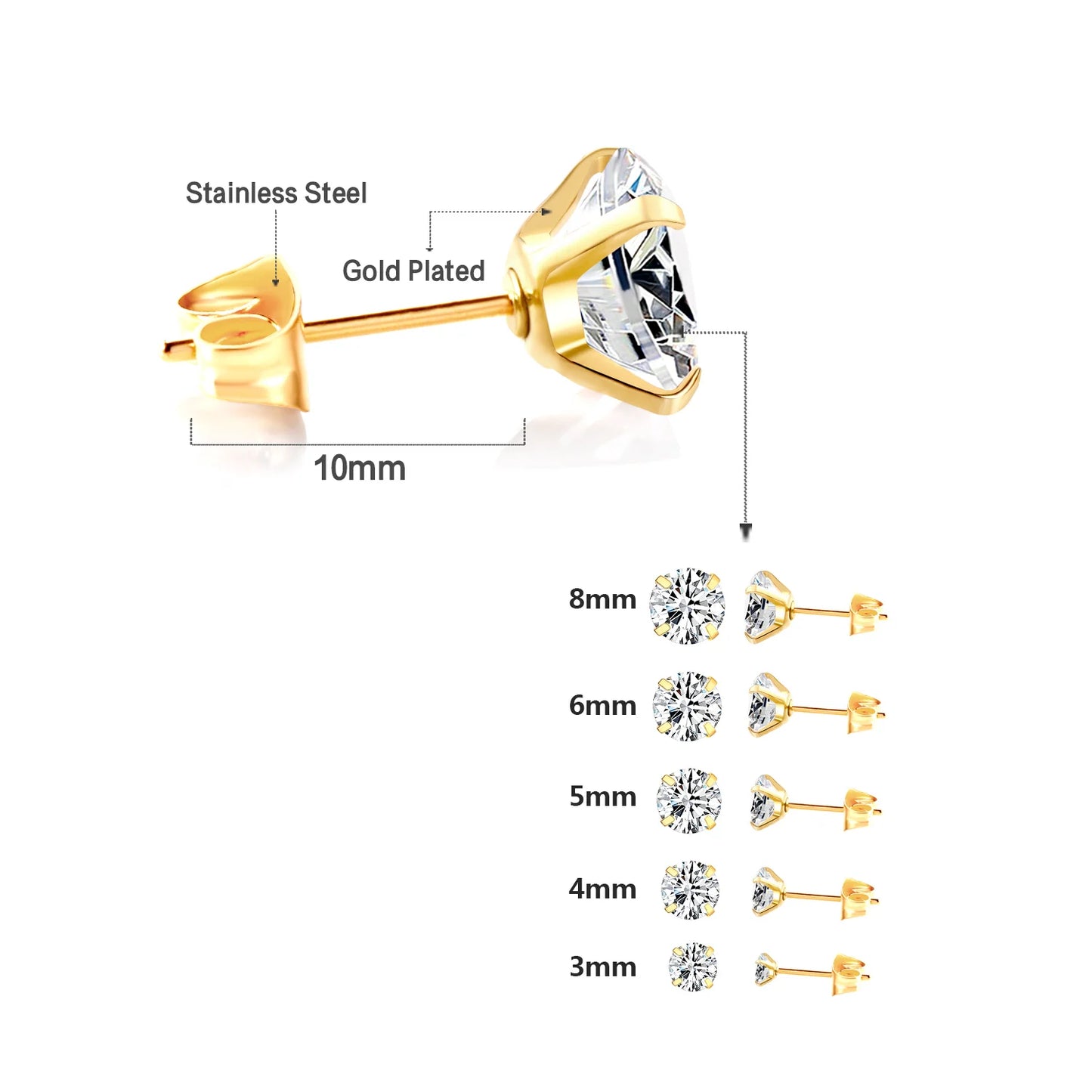 LUXUSTEEL Men's Crystal Zircon Stud Earrings 316L Stainless Steel Anti Allergic Cartilage Piercing 3-8mm