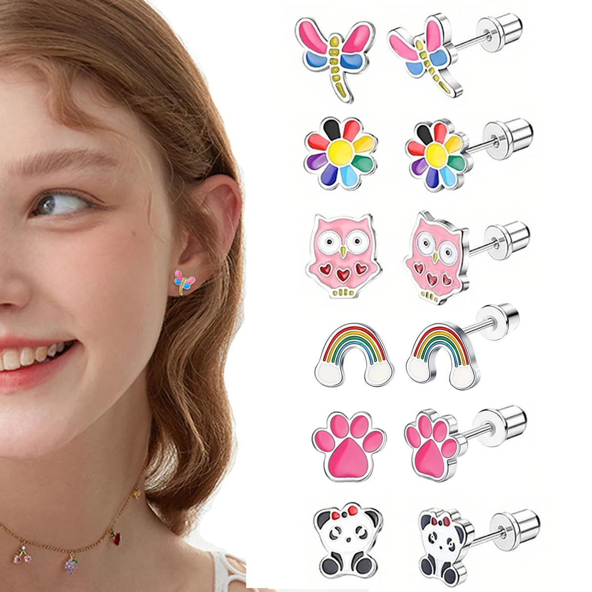 Charming Animal and Flower Stud Earrings Set for Girls with Secure Screw-Backs