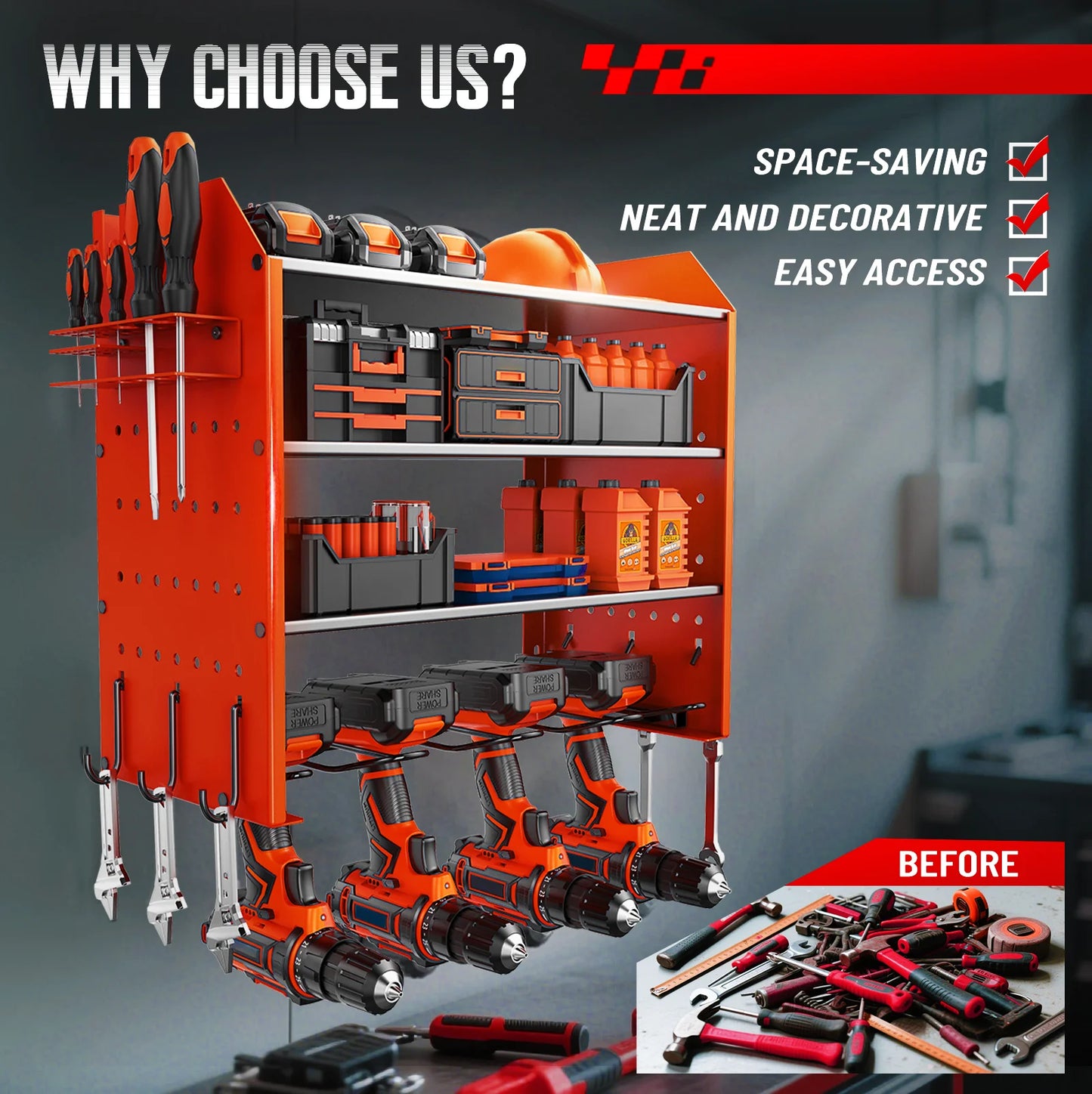 Heavy Duty Wall Mounted Power Tool Organizer with Battery Rack Pegboard and Multi Hooks