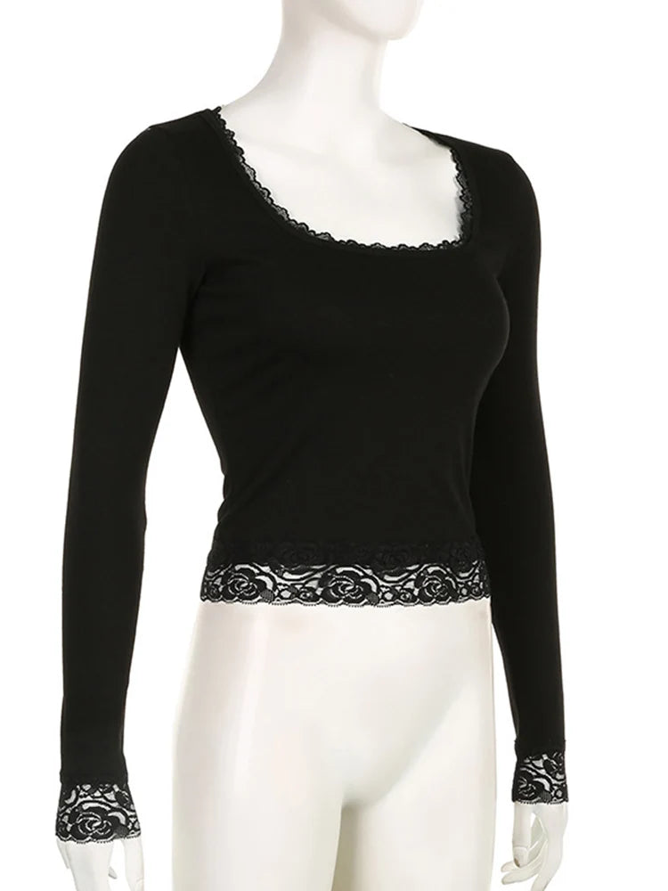 Y2K Vintage Fairy Grunge Lace Trim Long Sleeve Slim Fit Tee