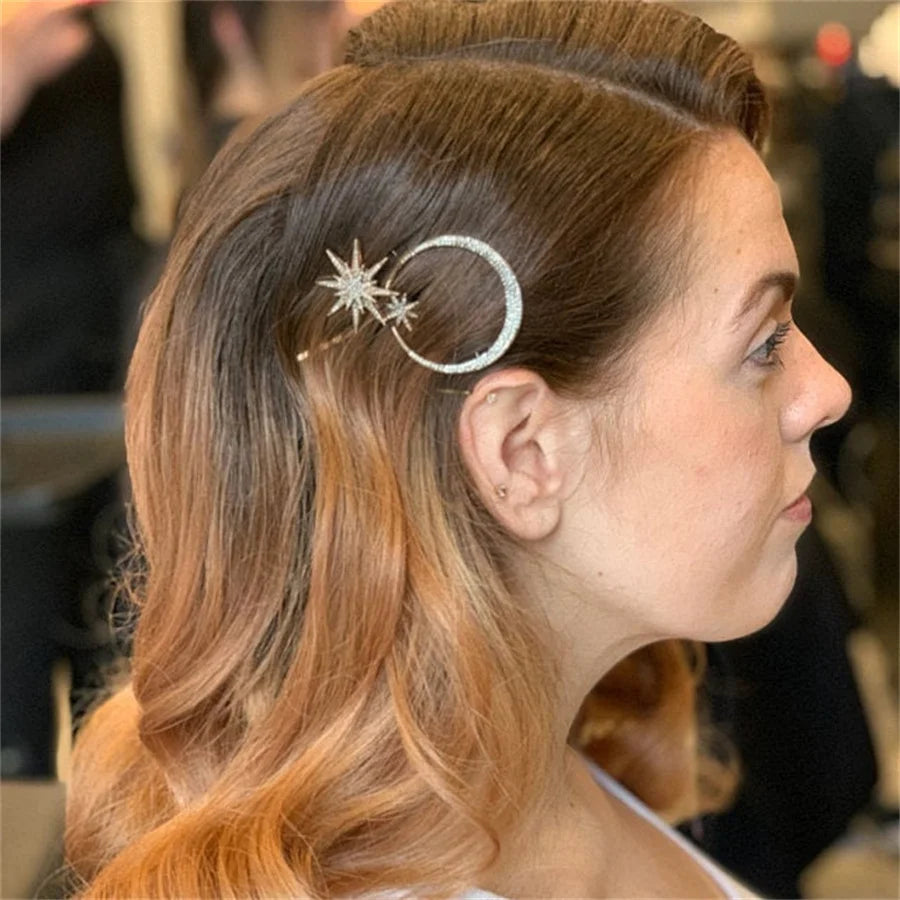 Vintage Moon Star Rhinestone Hairpin for Women Bridal Wedding Accessories