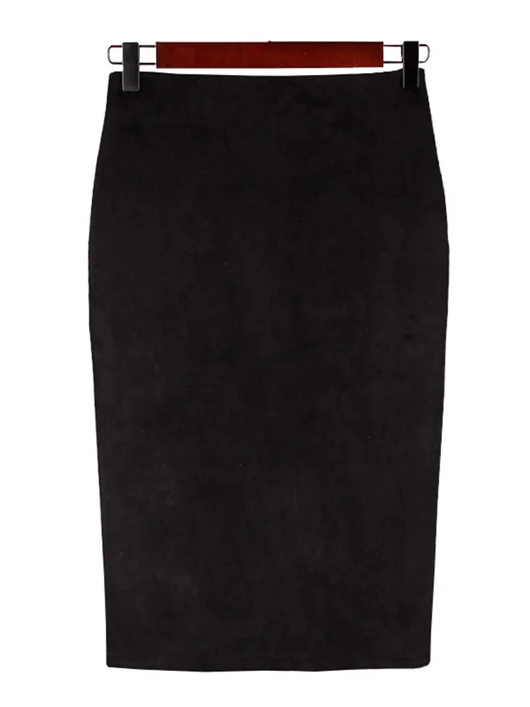 Multicolor Suede Midi Pencil Skirt Women High Waist Bodycon