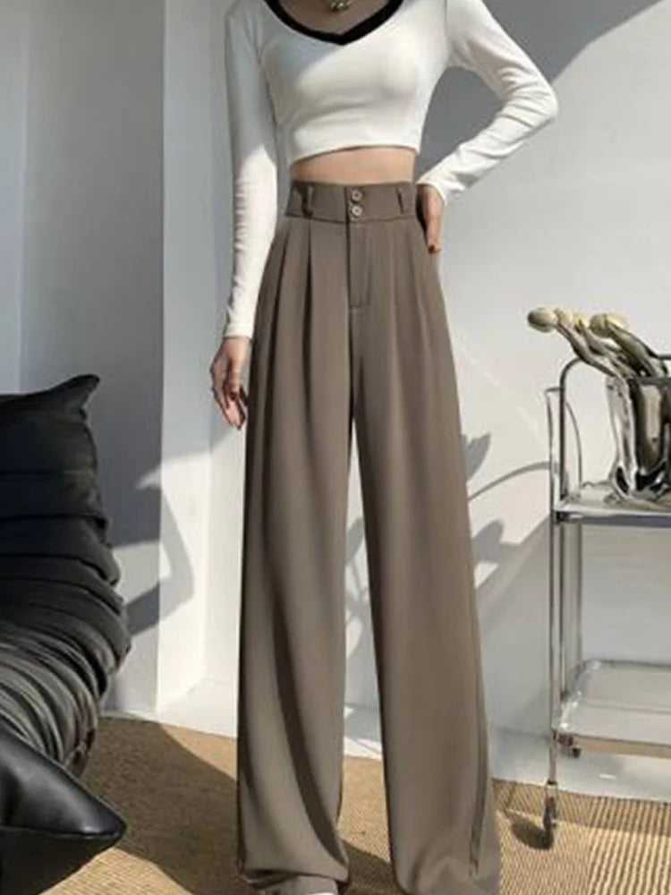 High Waist Wide Leg Pants Women Coffee Autumn Double Buttons
