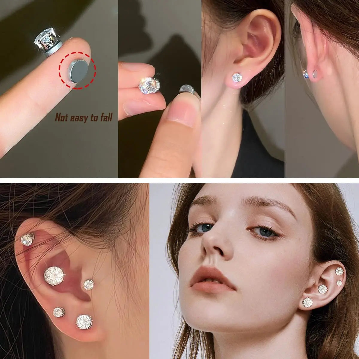 2PC Magnetic Clip-On Zircon Earrings for Unisex Easy Wear Punk Style Non-Piercing Jewelry