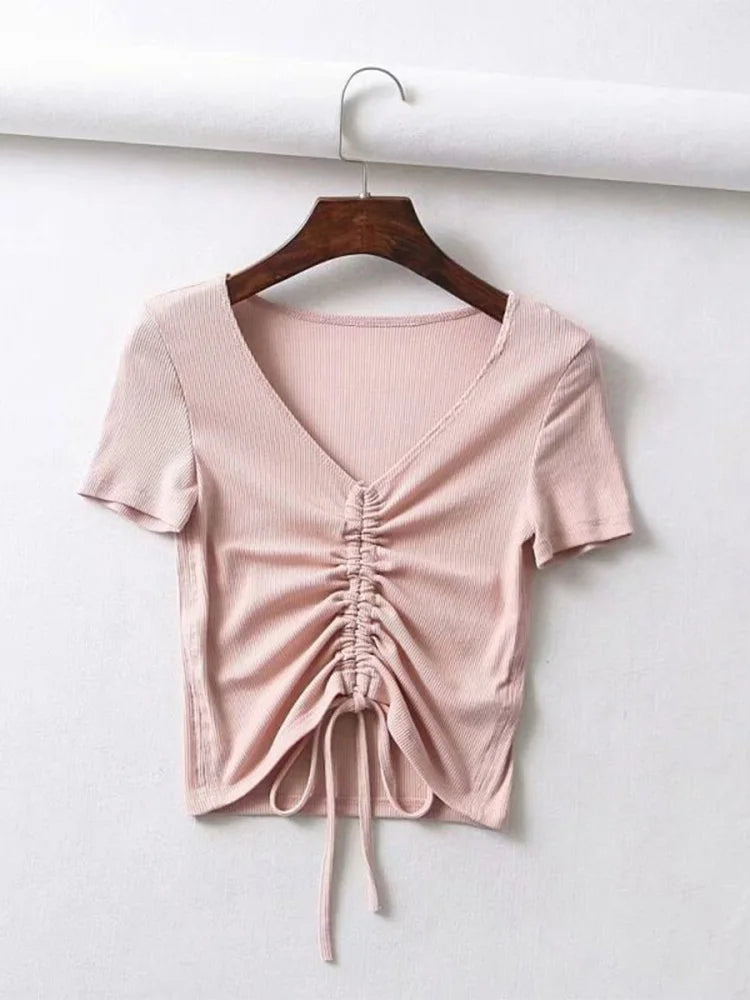 Women Candy Colors V Neck Cropped Tank Top Drawstring Tie