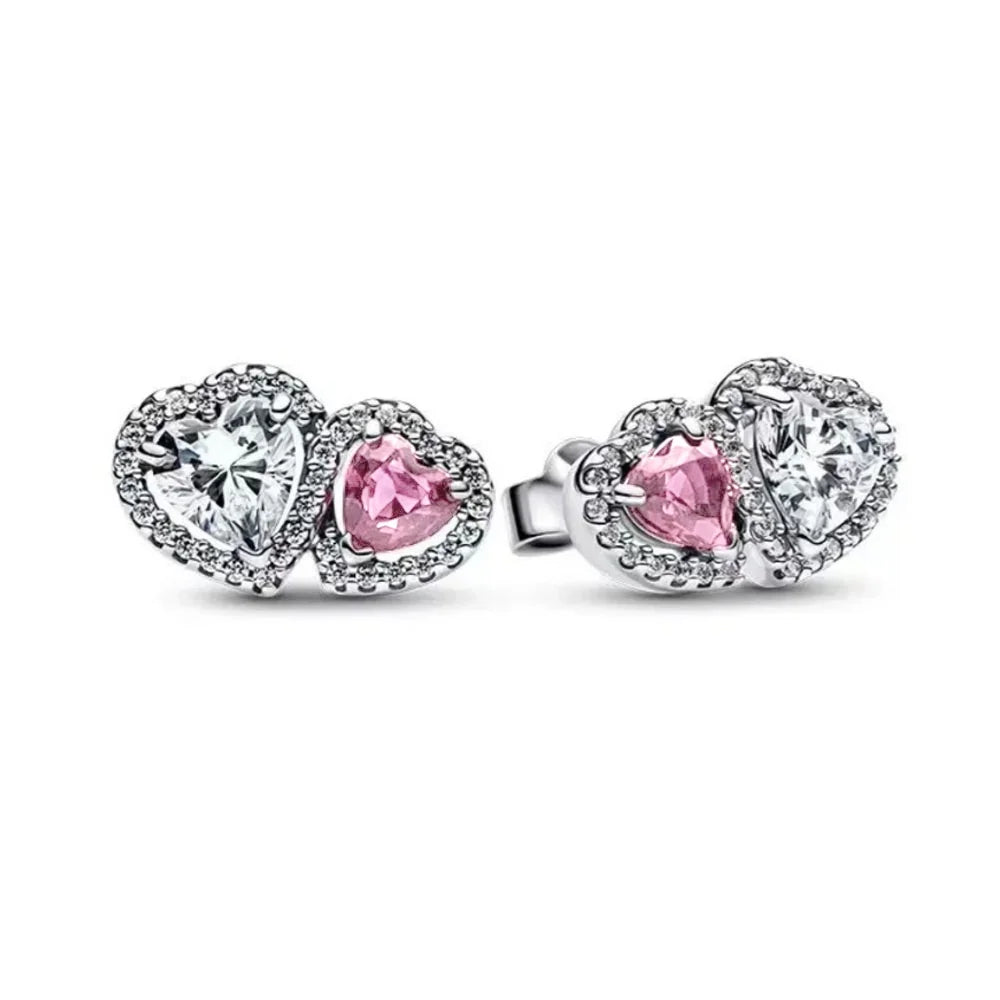 European 925 Silver Heart Shaped Earrings with Pink Red Green Zircon for Women Exquisite Holiday Jewelry Gifts