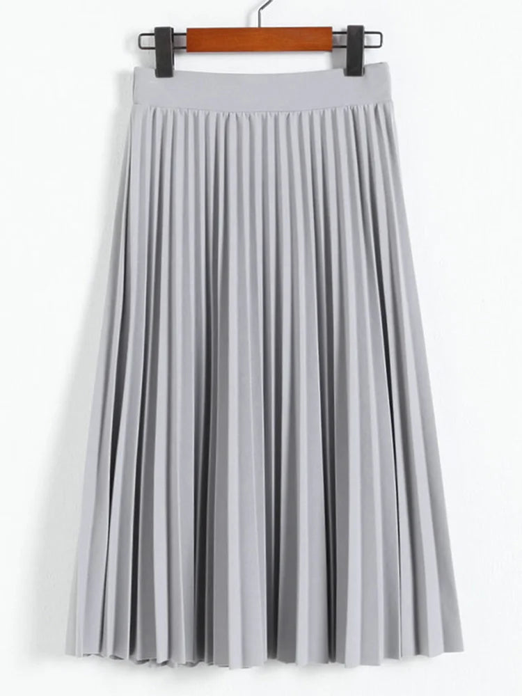 High Waist Pleated Skirt For Women Solid Color Elastic