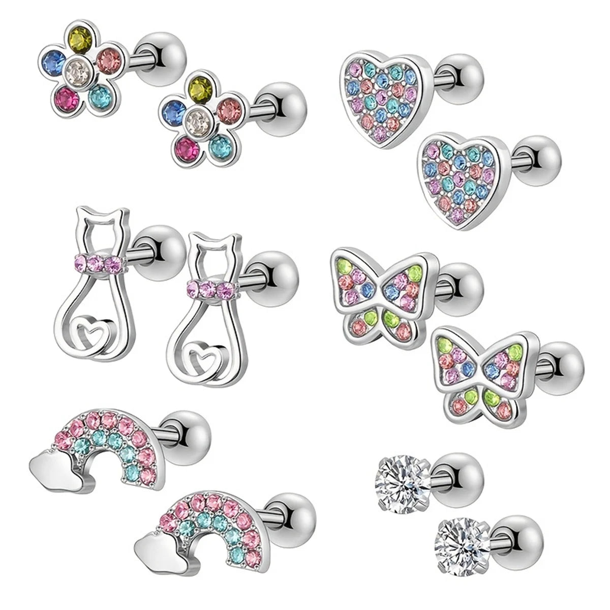 Chic Stainless Steel Stud Earrings Set with Cubic Zirconia and Cute Motifs
