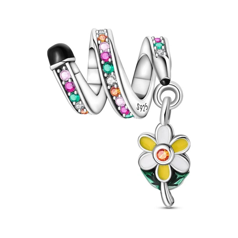 925 Sterling Silver Graduation Mortarboard Charm with Zircon Beads for DIY Bracelet Fine Jewelry Gift