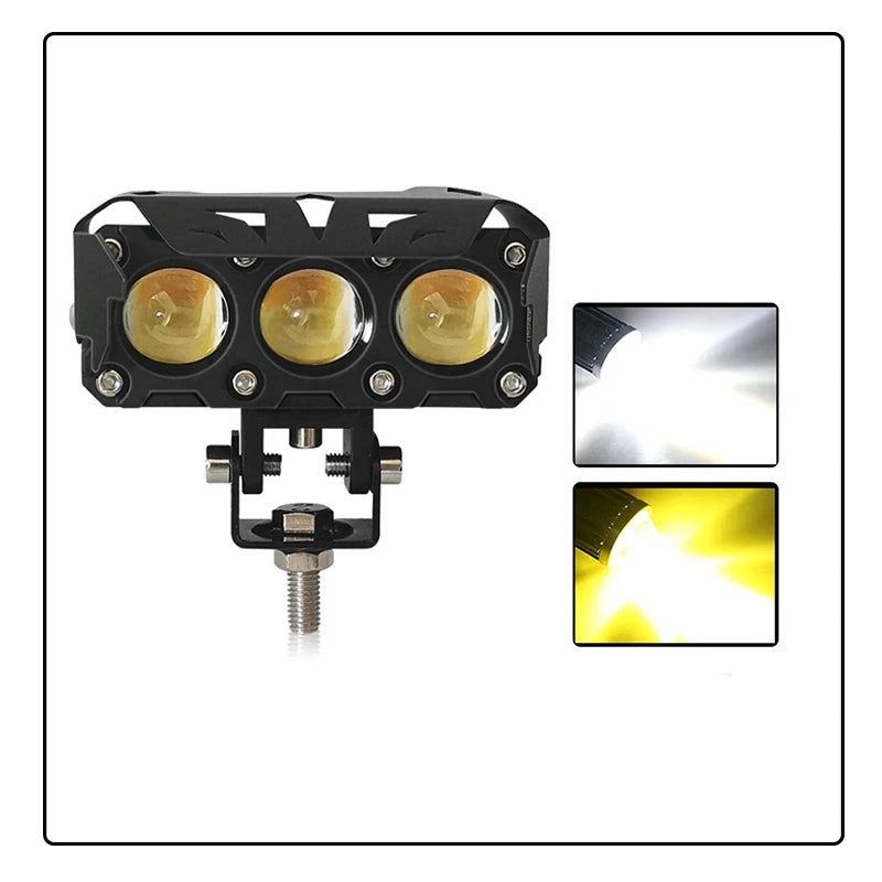 Motorcycle LED Spotlight 3 Lens Dual Color High Low Beam