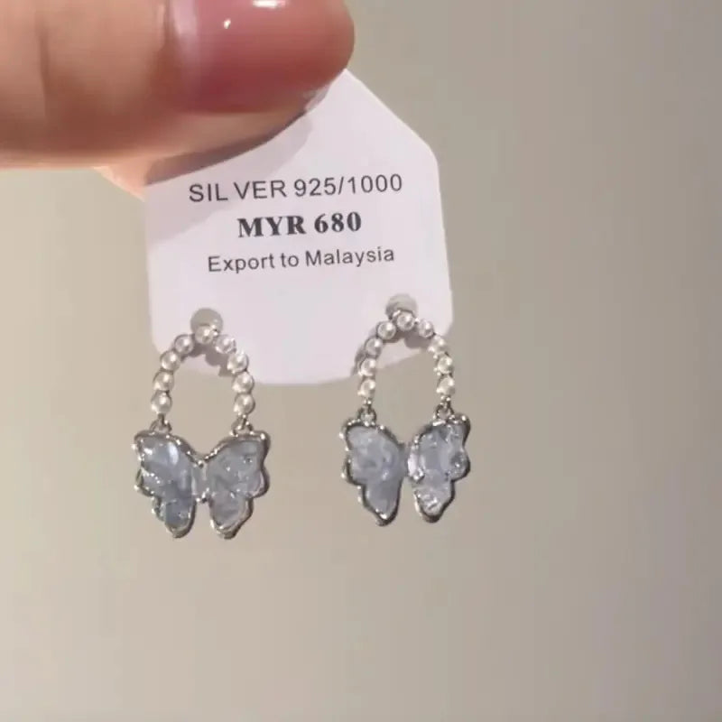 Inlaid Zircon Blue Pink Crystal Butterfly Drop Earrings for Women Stylish Water Drop Wedding Jewelry Ideal Birthday Gift