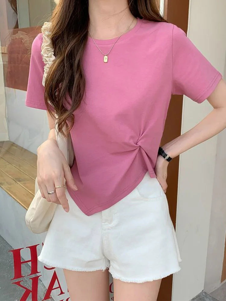 Y2K Irregular Slim O Neck Tee Women Summer Skinny Solid