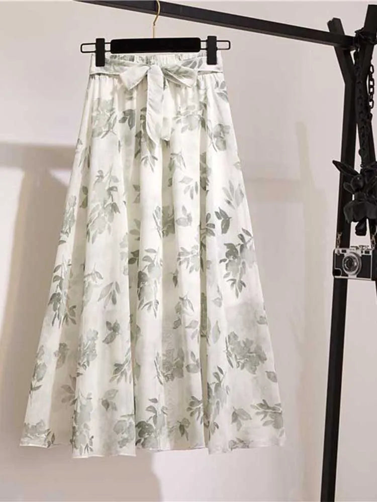Chiffon Midi Skirt Women High Waist Korean Style White