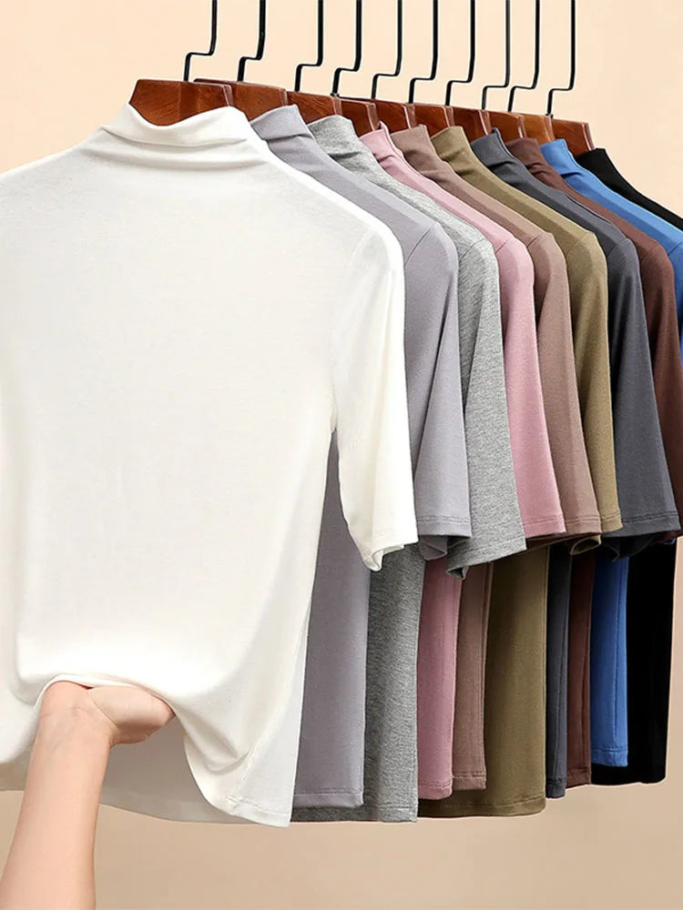 Half Turtleneck Milk Silk Slim Short Sleeve Top Basic